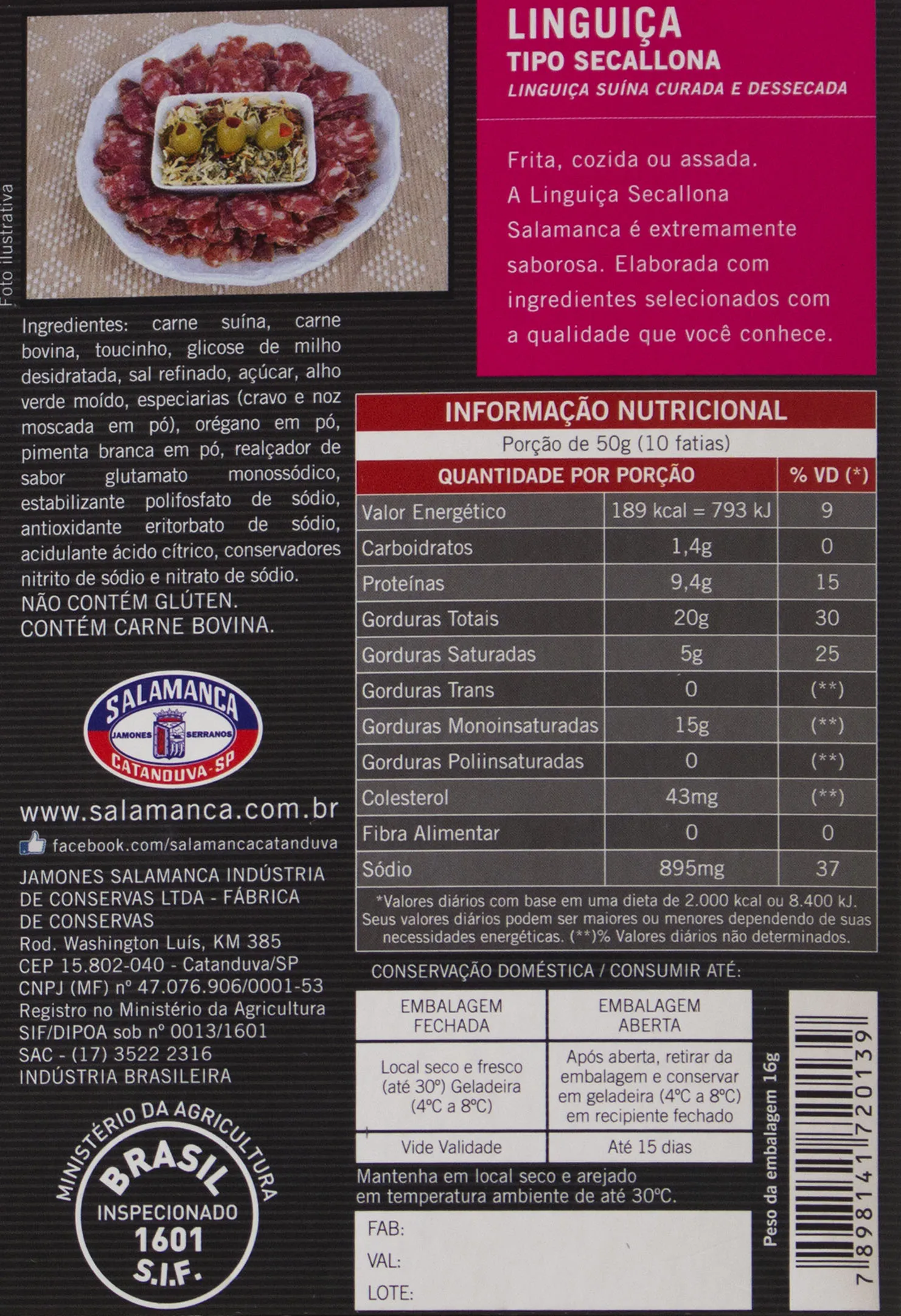 Linguiça Salamanca Secallona - 200 gramas